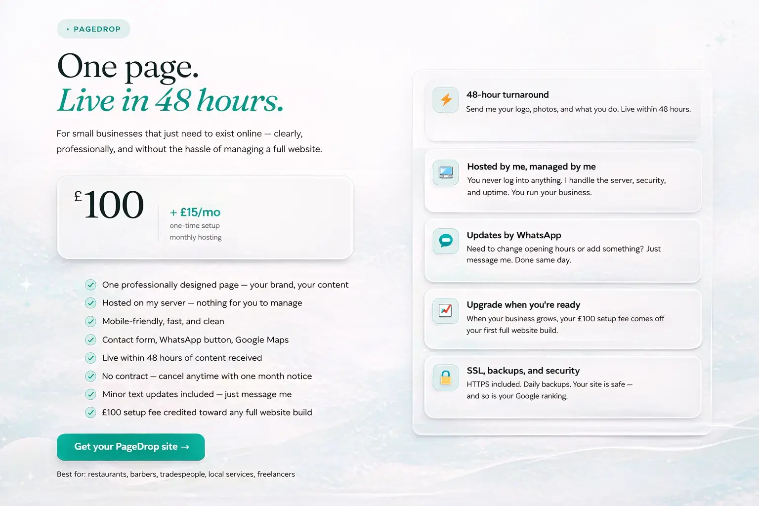 PageDrop one-page website preview for a small business.